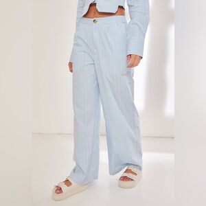 NWT Pretty Little Thing 100% Cotton BLUE POPLIN PINSTRIPE TAILORED WIDELEG PANTS